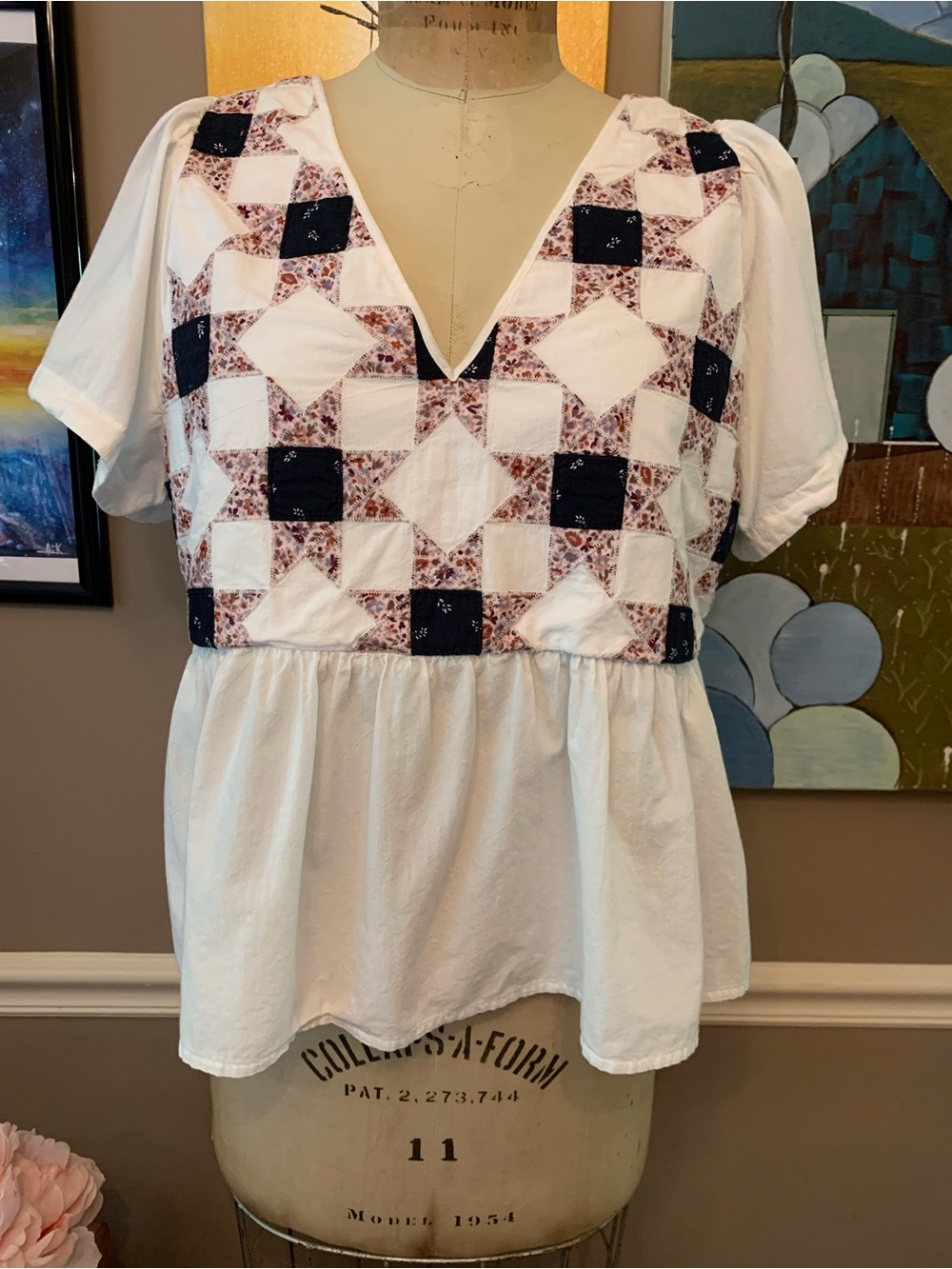 Madewell White Patchwork V-Neck Peplum Top with Navy and Rose Accents Small